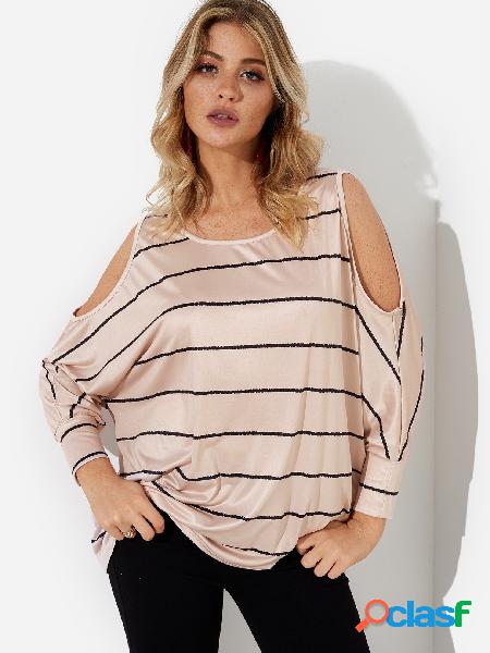 Beige Stripe Cold Shoulder Long Bat Sleeves Top