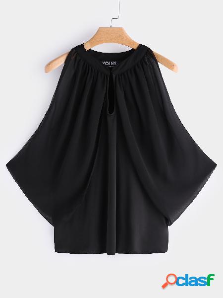 Black Button Keyhole Design Cold Shoulder Blouses