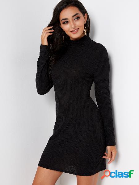 Black Chimney Collar Long Sleeves Bodycon Hem Ribbed Sweater
