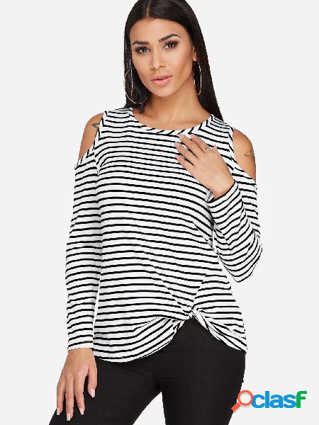 Black Crossed Front Design Stripe Cold Shoulder Round Neck