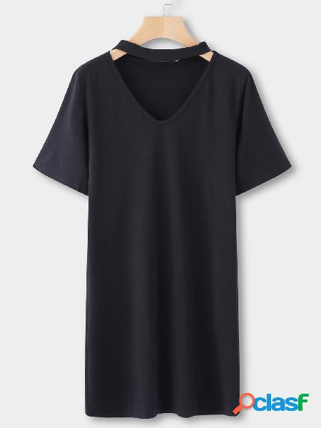 Black Cut Out Plain V-neck Short Sleeves Mini Dress
