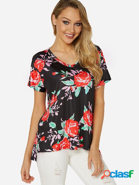 Black Slit Design Floral Print Round Neck Short Sleeves