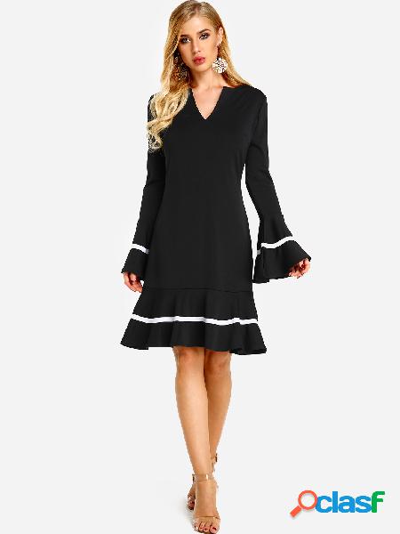 Black V-neck Flared Sleeves Mini Dress