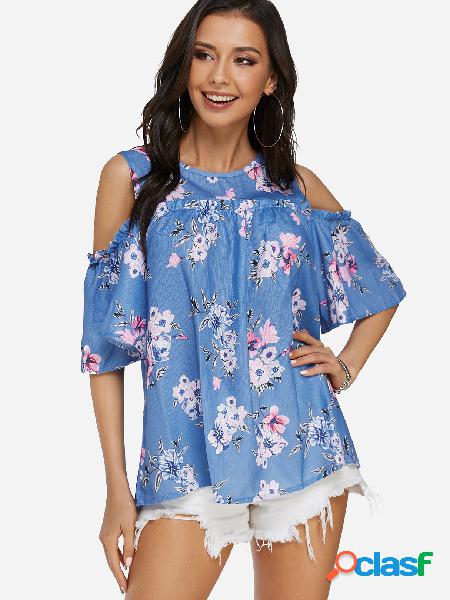 Blue Random Floral Print Cold Shoulder Half Sleeves Blouse