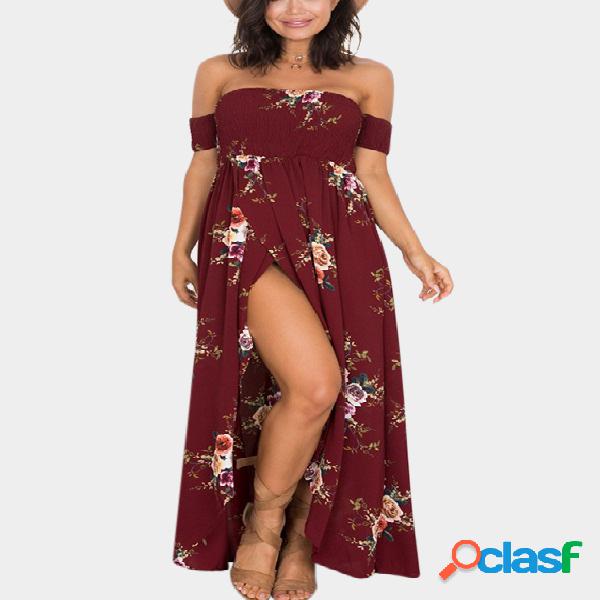Burgundy Floral Print Off The Shoulder Short Sleeves Dress
