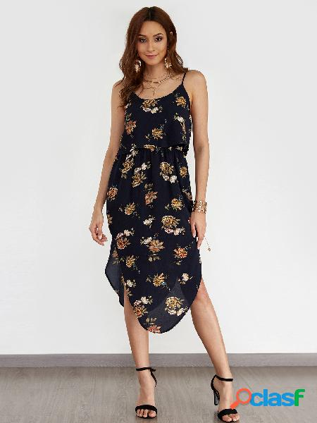 Navy Backless Design Floral Print Round Neck Sleeveless