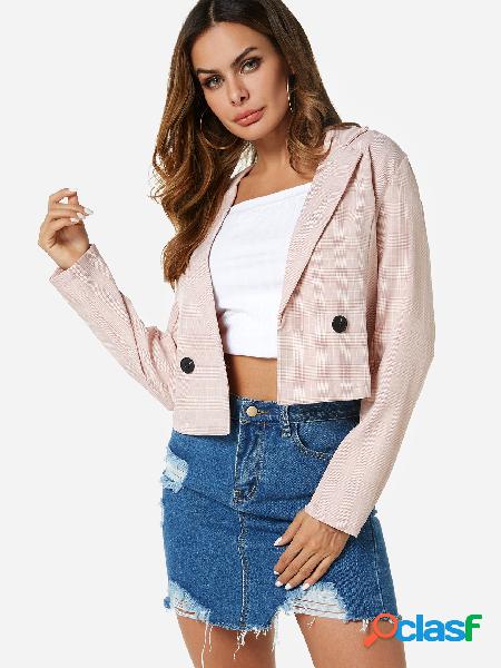 Pink Button Design Grid Lapel Collar Long Sleeves Blazers