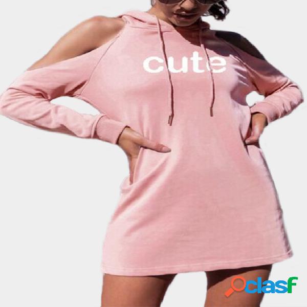 Pink Letter Hooded Cold Shoulder Long Sleeves Mini Dresses