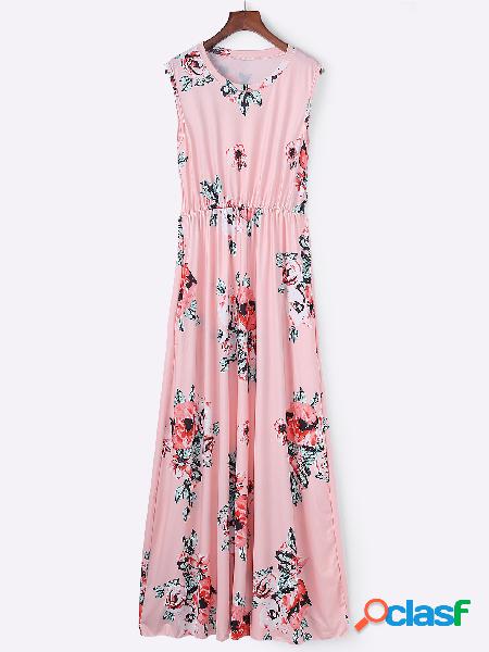 Random Floral Print Round Neck Sleeveless Maxi Dress in Pink