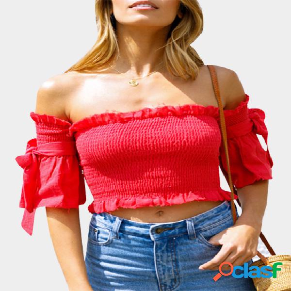 Red Shirring Off Shoulder Short Sleeves Crop Top