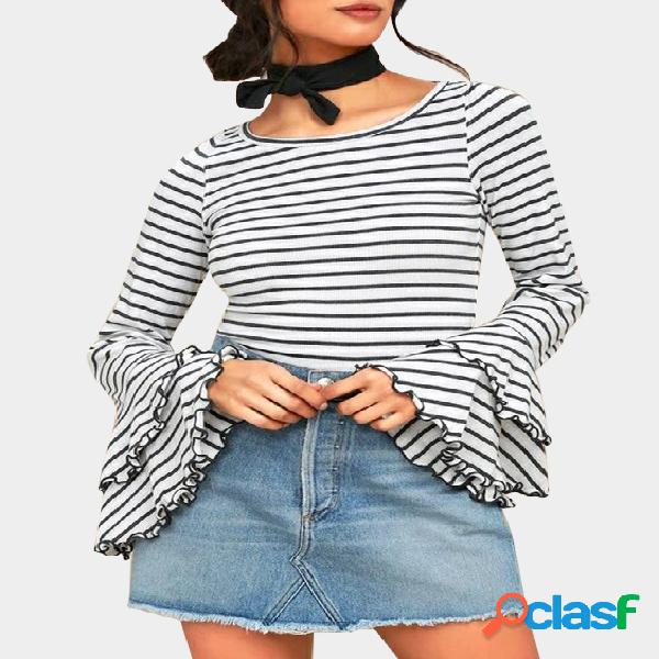 Stripe Round Neck Flared Sleeves T-shirts