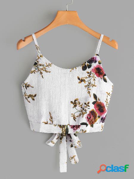 White Backless Design Random Floral Print V-neck Sleeveless