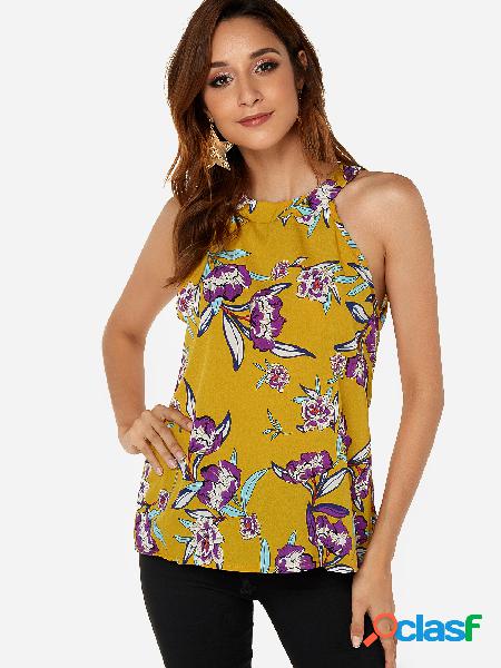 Yellow Random Floral Print Backless Camis