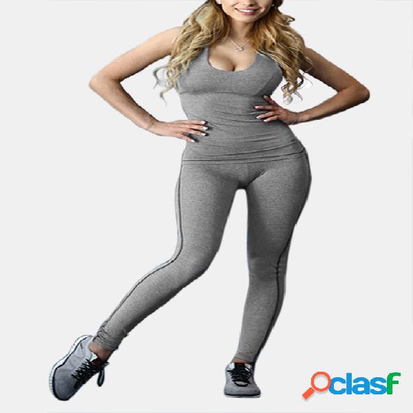 Active Plain Design Sleeveless Elastic Tracksuit in Grey