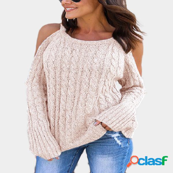 Beige Cable Knit Cold Shoulder Long Sleeves Jumper