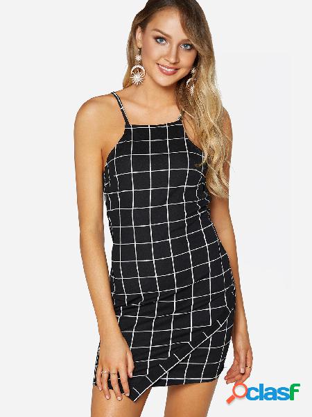 Black Button Keyhole Design Grid Halter Sleeveless Mini
