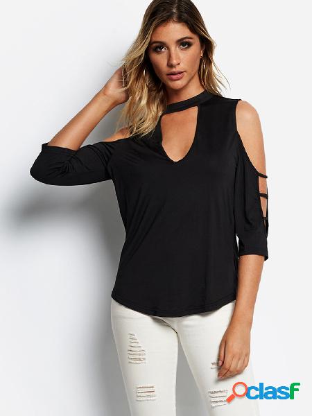 Black Cut Out Details Cold Shoulder 3/4 Length Sleeves