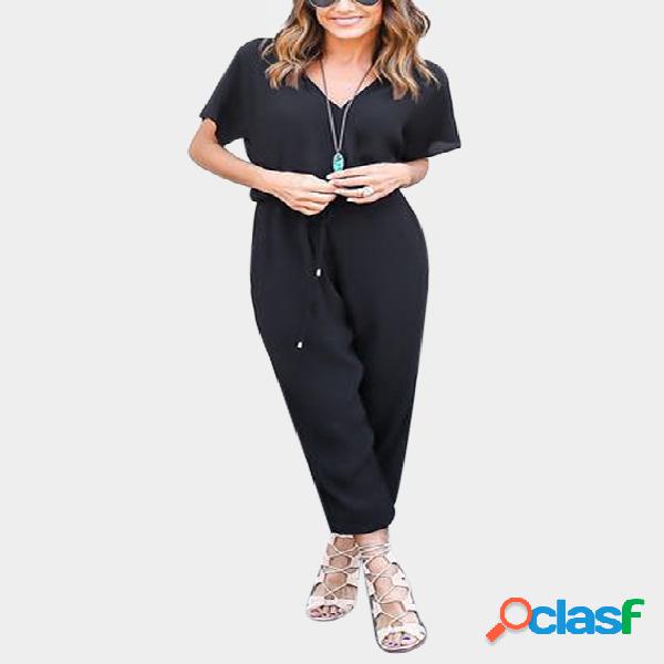 Black Deep V Neck Short Sleeves Drawstring Waist Jumpsuit