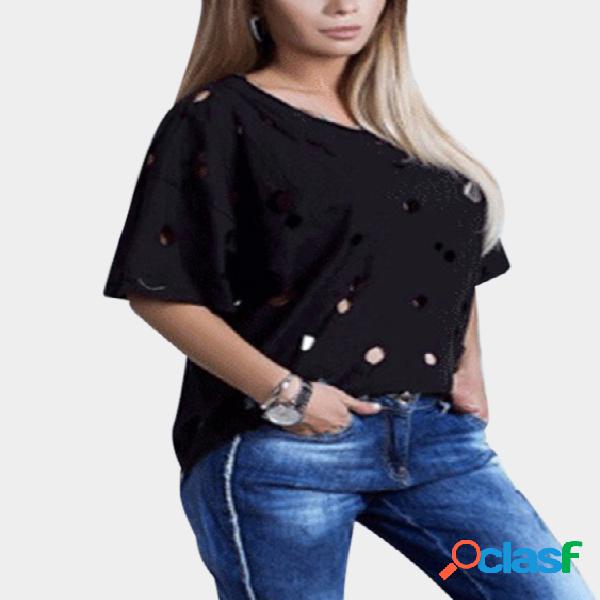 Black Hollow Design One Shoulder Half Sleeves T-shirt