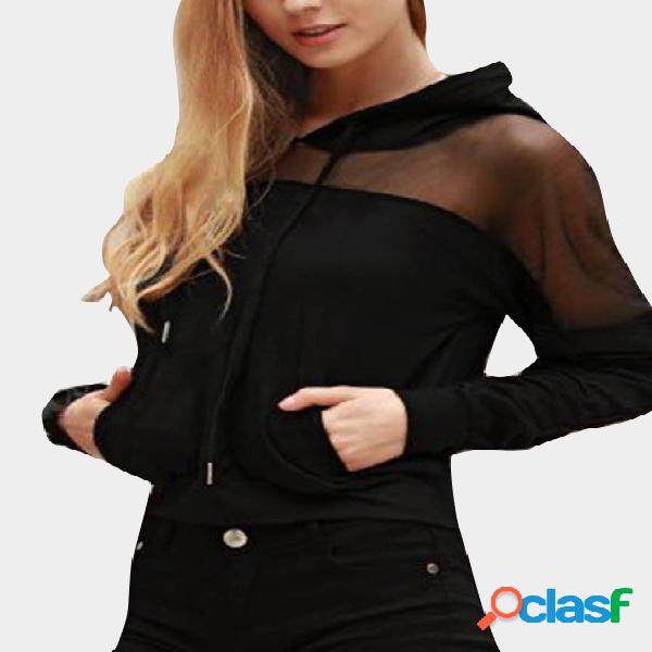 Black Hooded Design Long Sleeves Mesh Hoodie