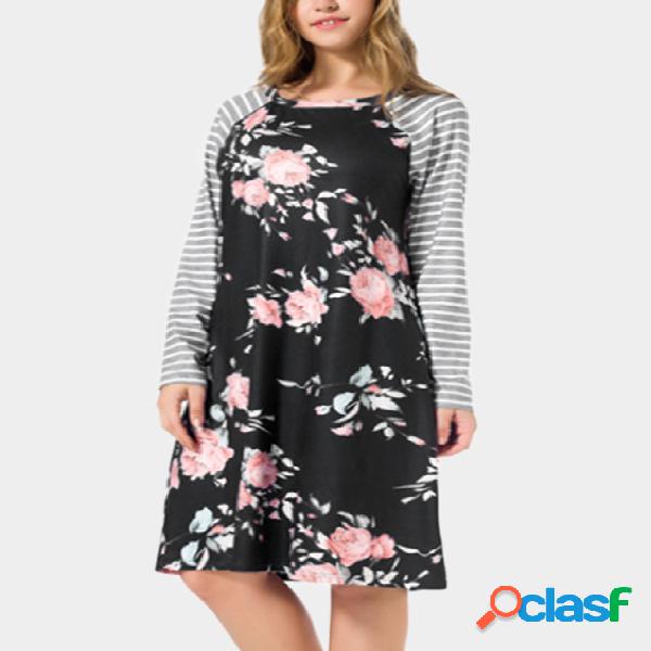Black Random Floral Print Round Neck Dress