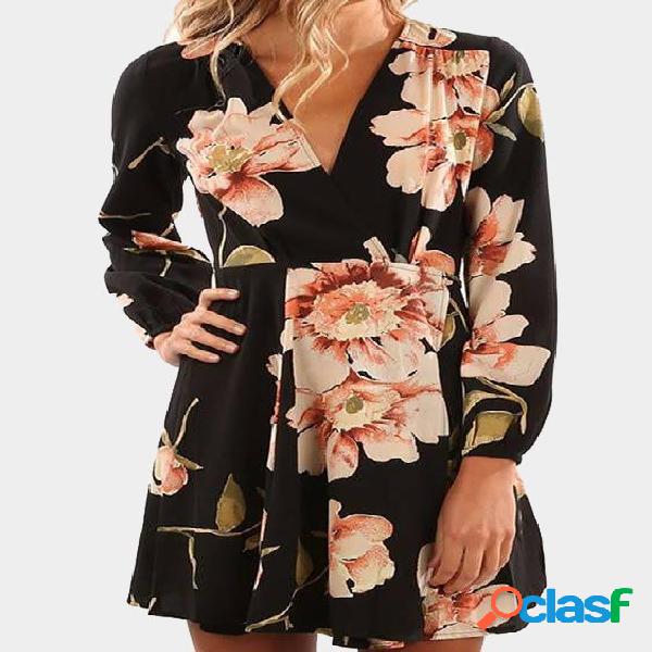 Black Random Floral Print V-neck Long Sleeves Wrap Dress