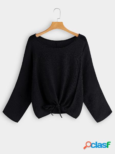 Black Round Neck Long Sleeves Knot Front Tee