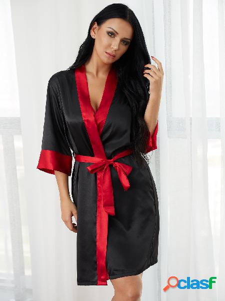 Black and Red Self-tie Night Robe