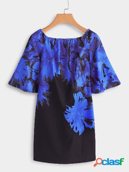 Blue Backless Floral Print Off The Shoulder Flared Sleeves