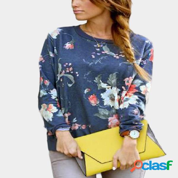 Blue Random Floral Print Pullover Sweatshirt