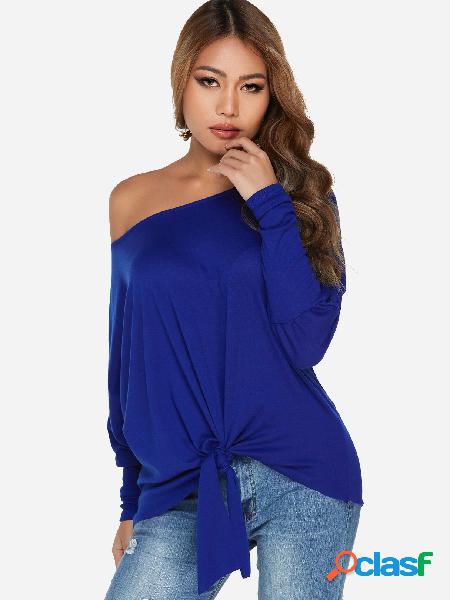 Blue Self-tie Design Plain One Shoulder Bat Sleeves Top