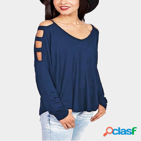 Blue V-neck Long Sleeves Shirt with Cut Out Details