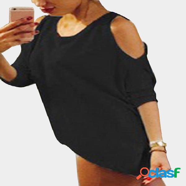 Casual Round Neck Cold Shoulder Long Sleeves T-shirts in
