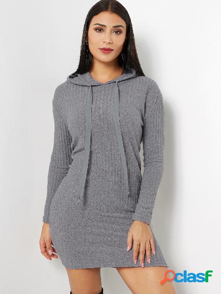 Grey Hooded Design Long Sleeves Knitted Dress