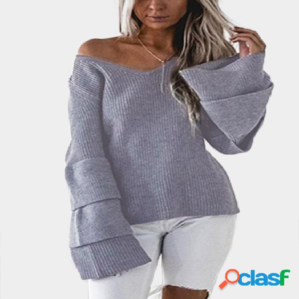 Grey Knitting V-neck Tiered Bell Sleeves Sweaters