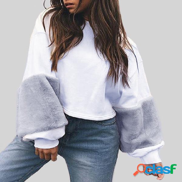 Grey Round Neck Plush Sleeves Loose Color Block Sweatshirt