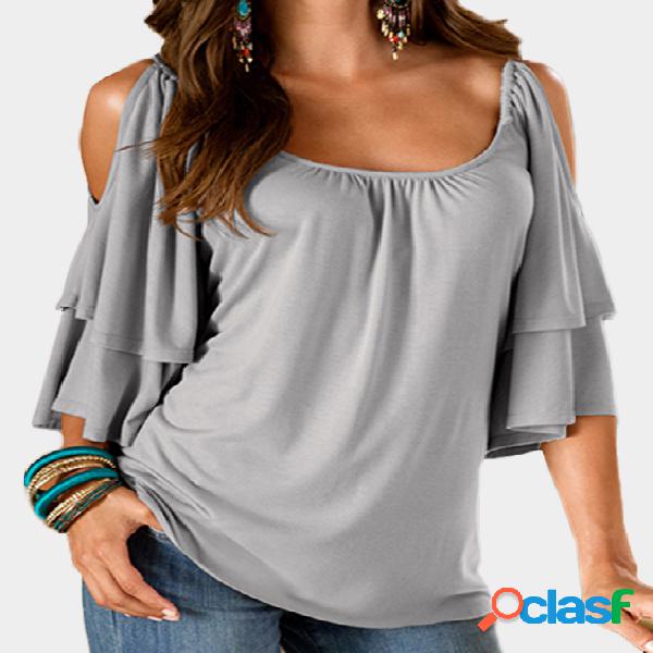 Grey Tiered Design Cold Shoulder Half Sleeves T-shirts