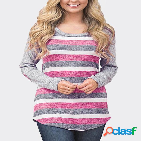 Light Pink Stripe Pattern Round Neck Long Sleeves T-shirt