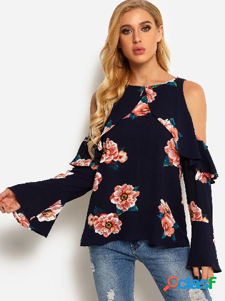 Navy Cut Out Random Floral Print Cold Shoulder Long Bell