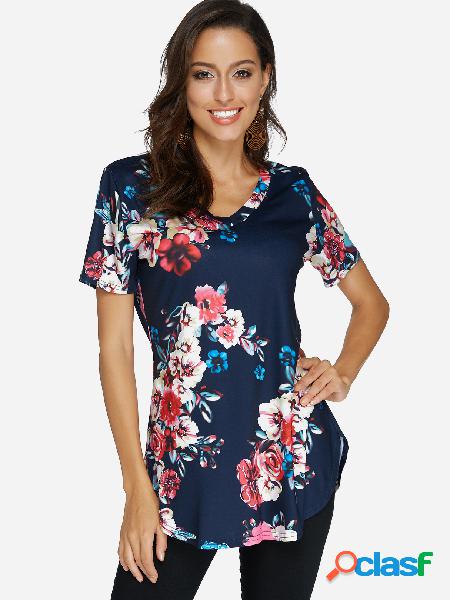 Navy Random Floral Print V-neck Short Sleeves Blouse