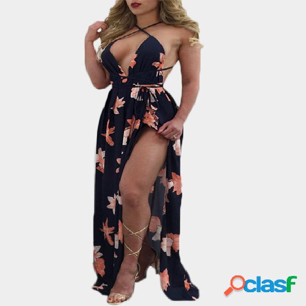 Naxy V-neck Random Floral Print Backless Slit Hem Dresses
