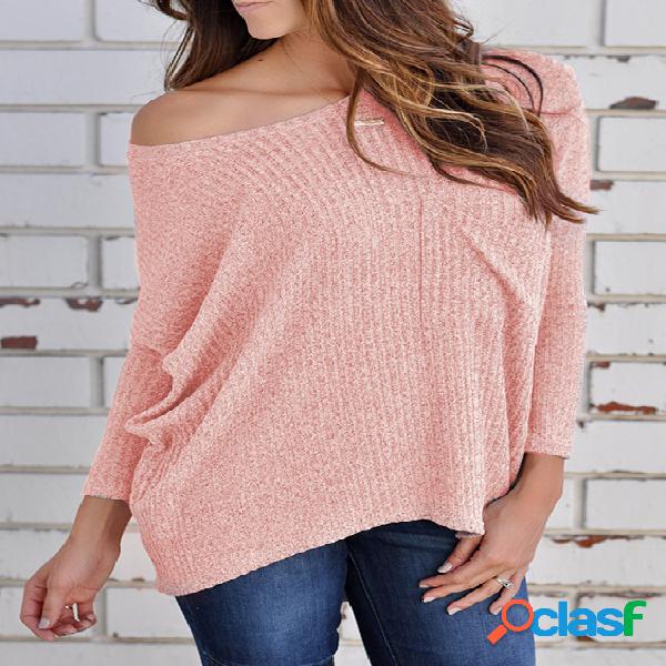 Pink Chest Pocket Boat Neck Long Sleeves Ribbed T-shirt