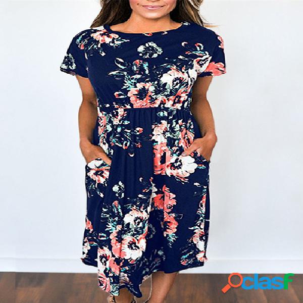 Random Floral Print Short Sleeves Stretch Waistband Dress in