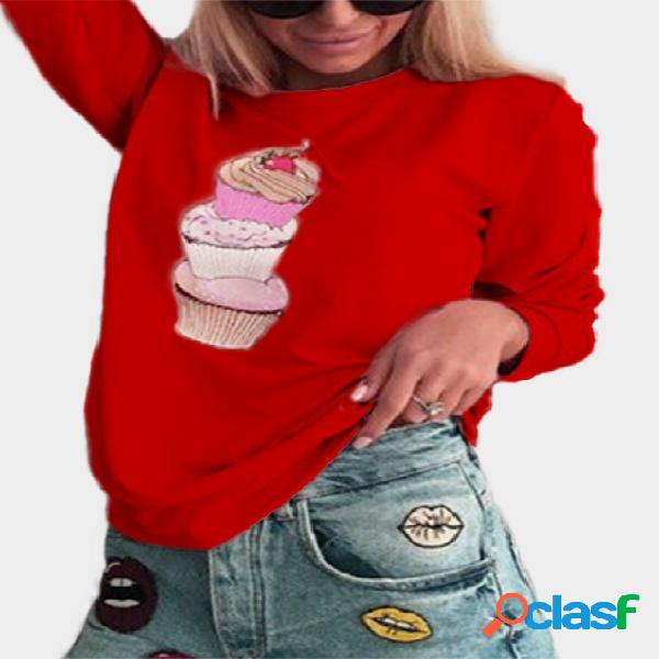 Red Ice Cream Printing Round Neck Long Sleeves Sweatshirt