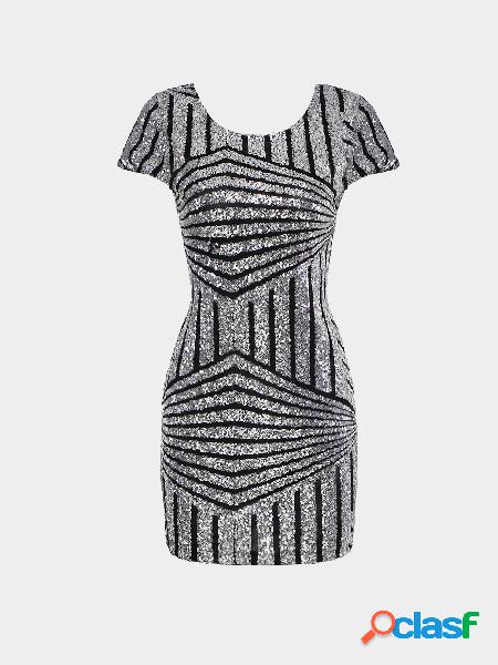 Silver Geometric Sequin Short Sleeve Open Back Dress