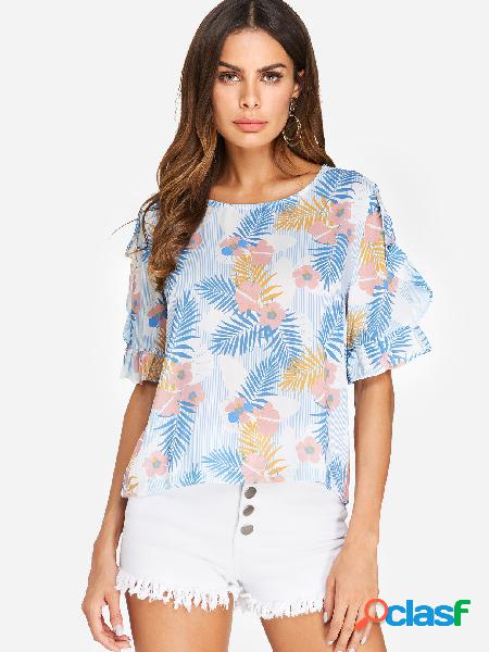 Sky Blue Random Floral Print Scoop Neck Ruffle Sleeves