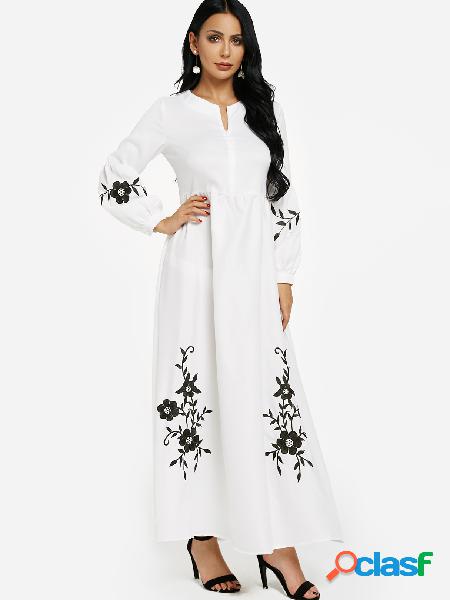 White Floral Embroidered Puff Sleeves Zipper Front Maxi