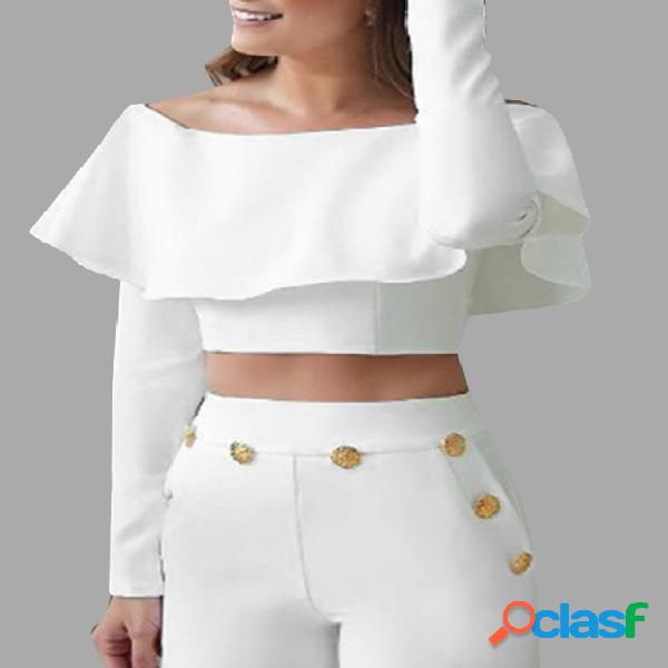 White Off Shoulder Long Sleeves High Waist Button Details