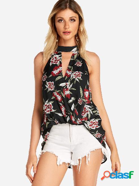 Black Crossed Front Random Floral Print V-neck Cami