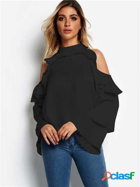 Black Flounced Design Cold Shoulder Long Sleeves Blouse